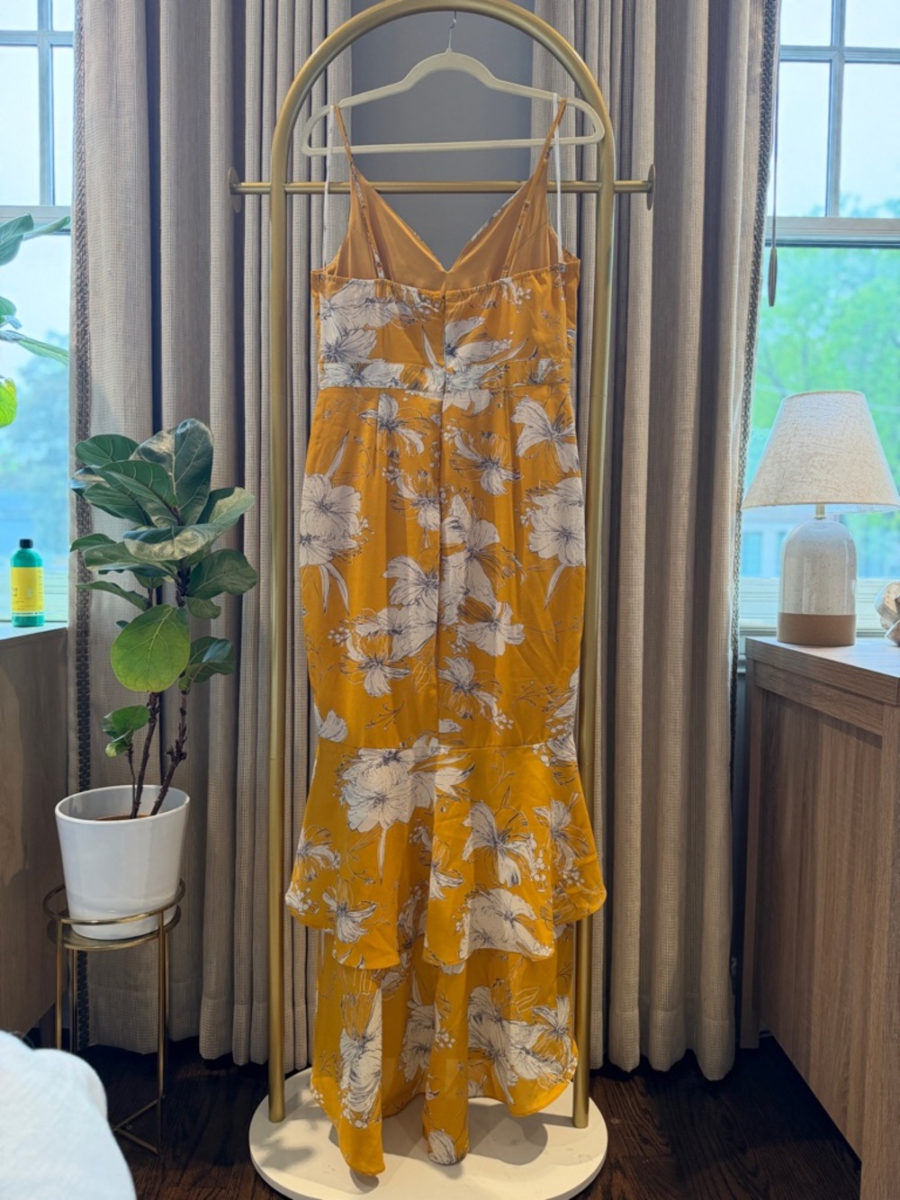 LIKE NEW Lulu's Mustard Yellow Floral High-Low Dress - Picture 7 of 8